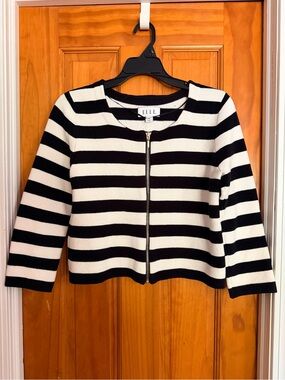 Elle Black and White Striped Zip Jacket with Gold Hardware
